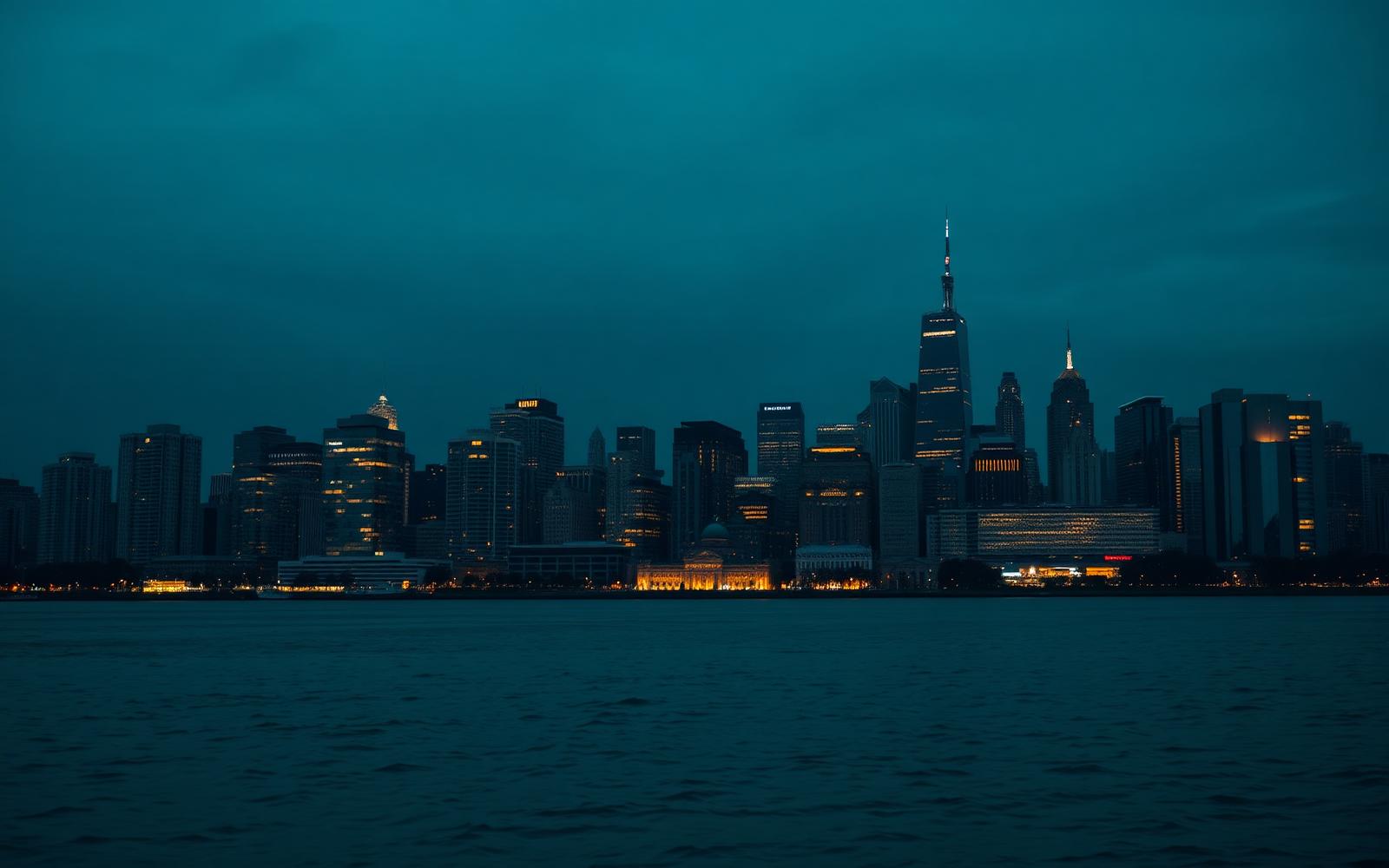 City skyline of income-producing buildings at dusk